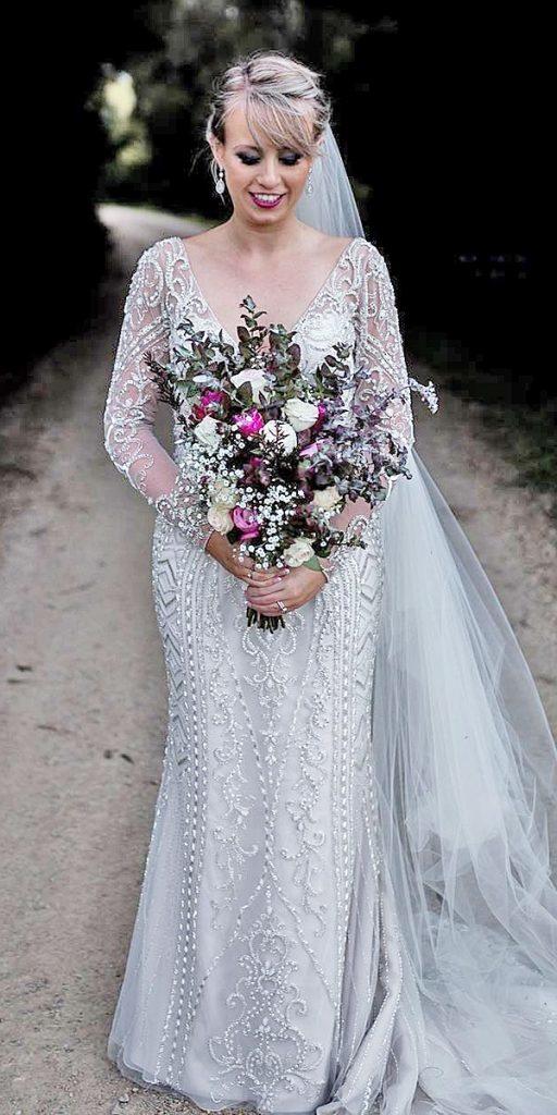 vintage wedding dresses with sleeves trumpet v neckline jeweled full