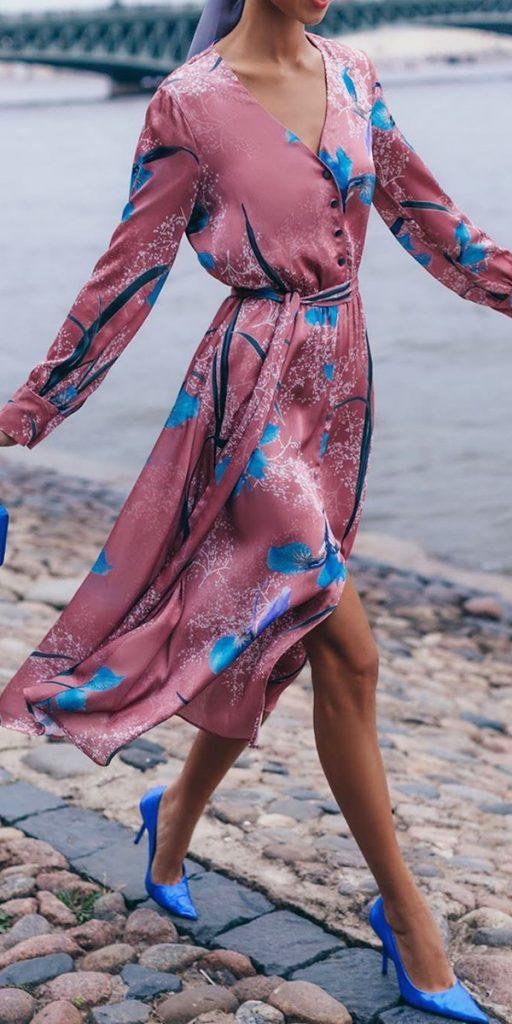 wedding guest designer dresses with long sleeves v neckline floral for spring fall solo u