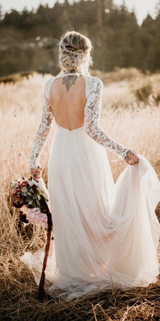 bohemian wedding dresses a line open back with long lace sleeves