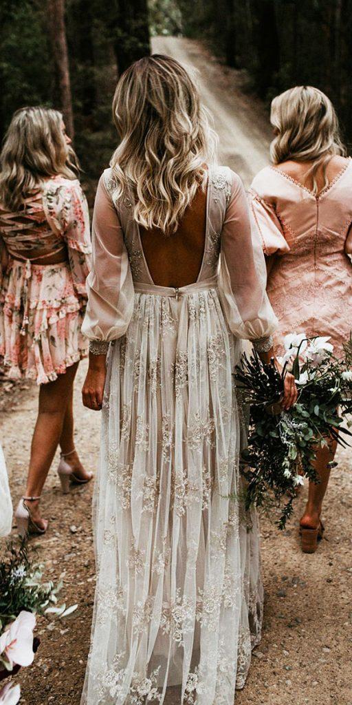 bohemian wedding dresses a line open back with puff sleeves 