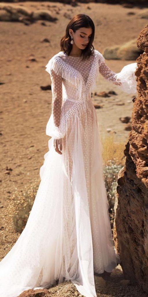 bohemian wedding dresses a line with illusion long sleeves raraavis