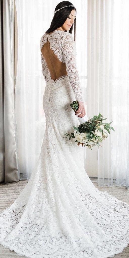 bohemian wedding dresses sheath with long sleeves open back full lace wtoowatters