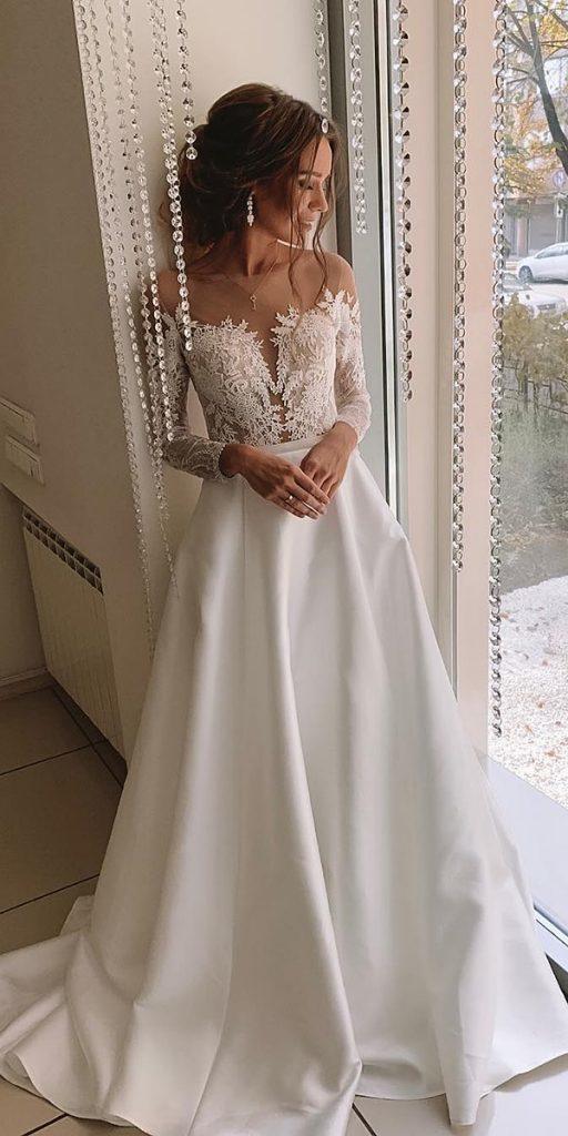 bridal gowns with sleeves a line with illusion neckline lace kuznetcova brand ⠀