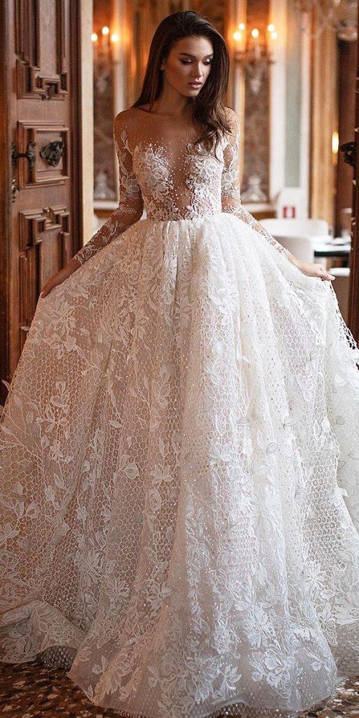 bridal gowns with sleeves ball gown with illusion neckline lace floral appliques millanova