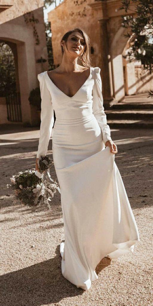bridal gowns with sleeves sheath v neckline simple kwhbridal