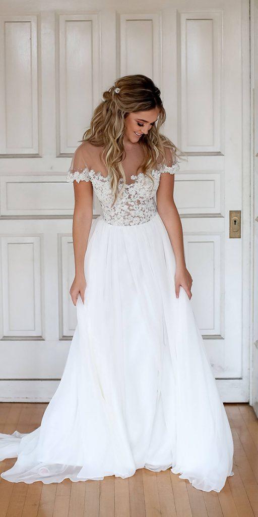 dream wedding dresses a line with cap sleeves illusion neckline lace top barbarakavchok