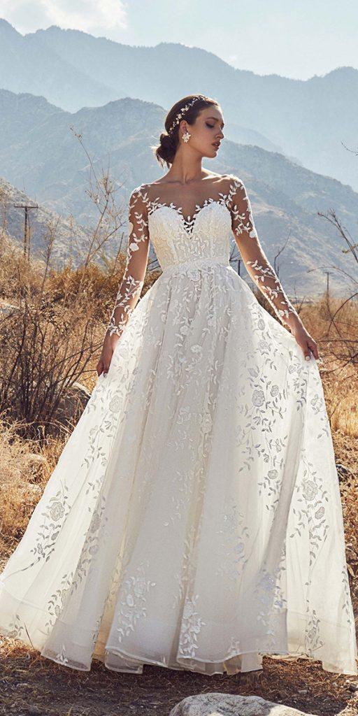 dream wedding dresses a line with illusion long sleeves floral appliques calla blanche