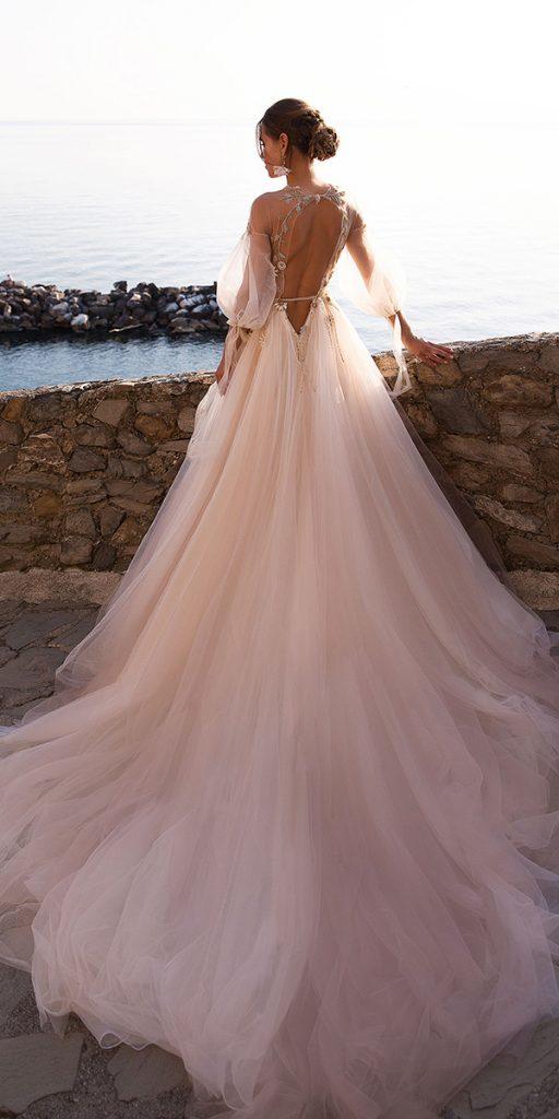 dream wedding dresses ball gown blush with puff sleeves open back ange etoiles