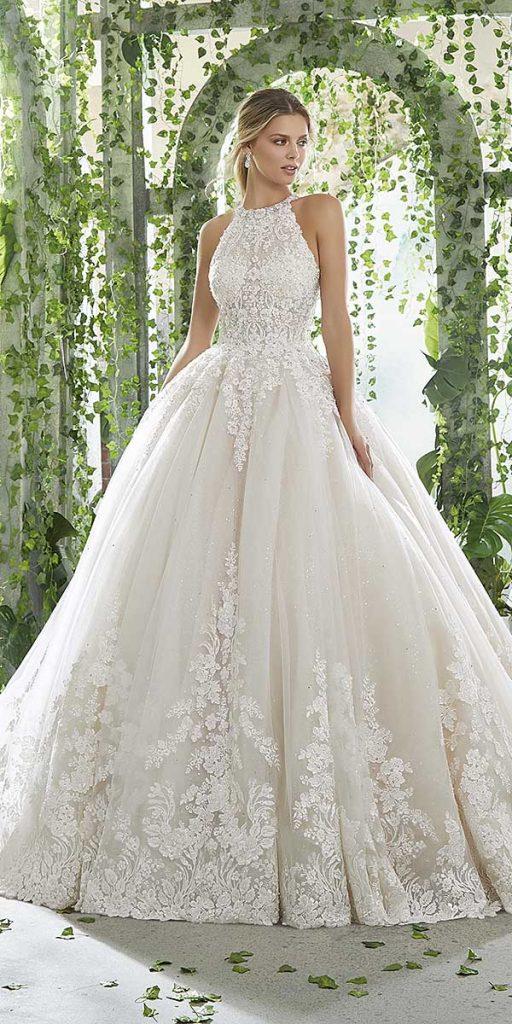 dream wedding dresses ball gown halter neckline full lace mori lee