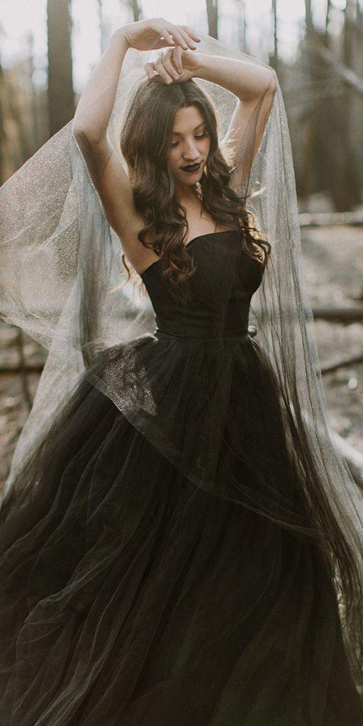 gothic wedding dresses ball gown strapless neckline black french knot couture