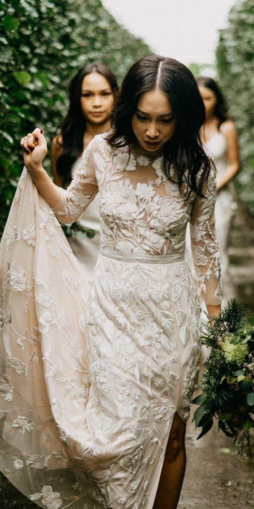 lace boho wedding dresses a line with long sleeves floral appliques hermionedepaula