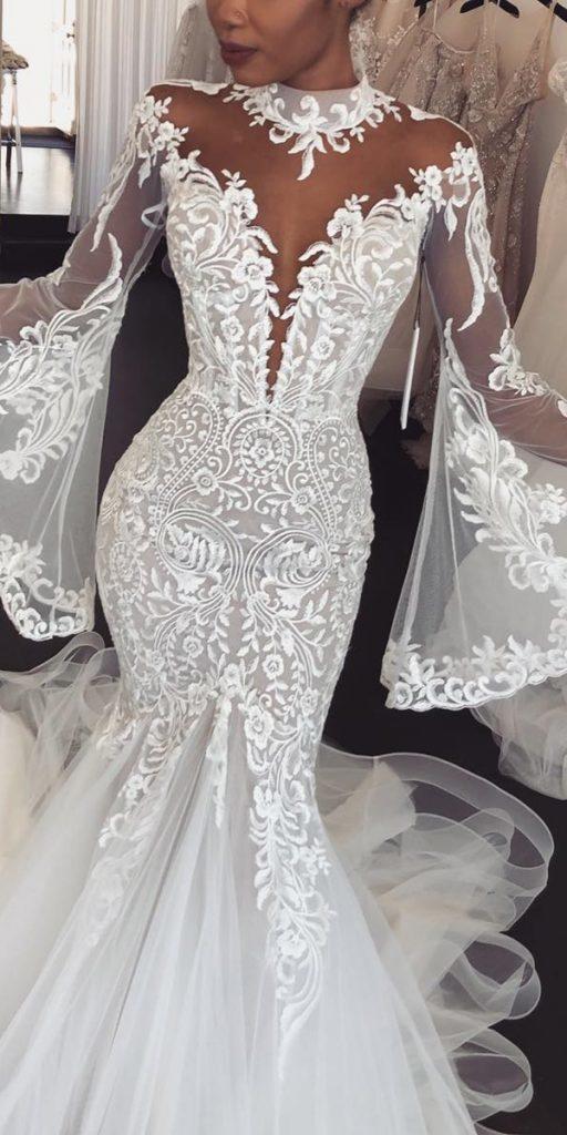 lace wedding dresses with sleeves trumpet illusion neckline leahdagloria