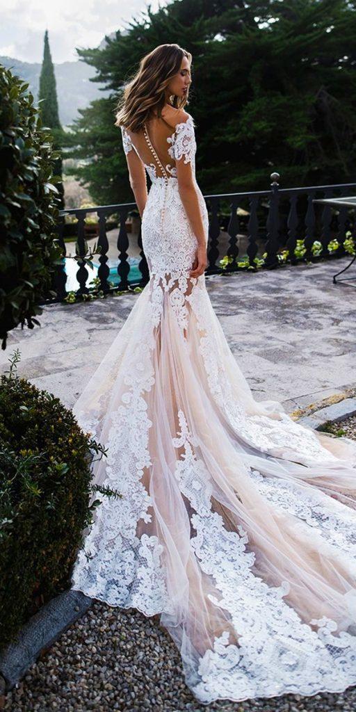 mermaid wedding dresses with illusion long sleeves full lace tattoo effect back train noranaviano
