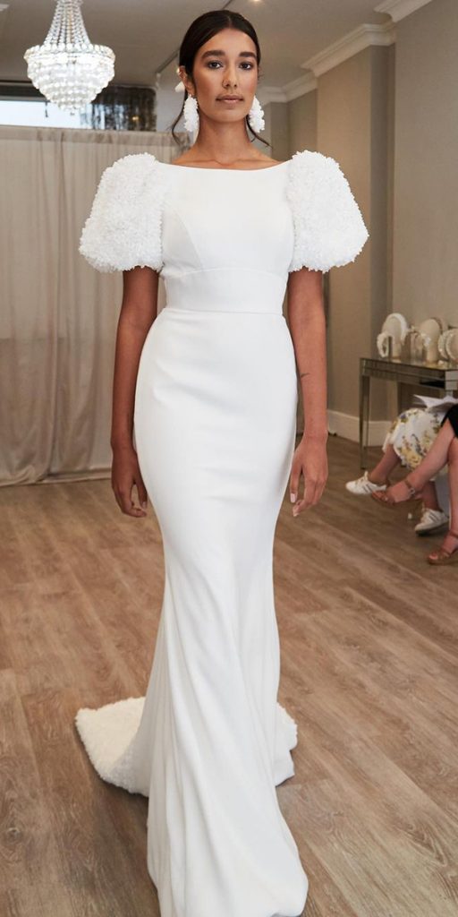 modest fantasy wedding dresses simple sheath with cap sleeves sassiholford