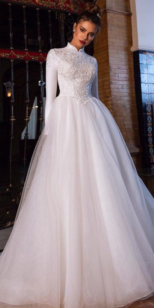 modest wedding dresses ball gown with long sleeves high neck lace top delicate tinavalerdi