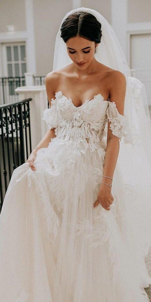  romantic bridal gowns a line off the shoulder sweetheart neckline floral appliques riki dalal