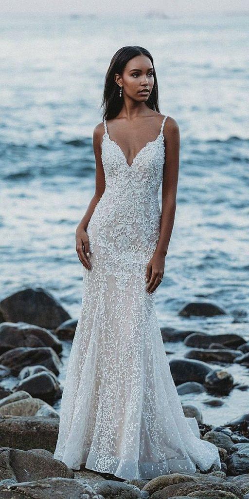 romantic bridal gowns trumpet with spaghetti straps full lace for beach allurebridals