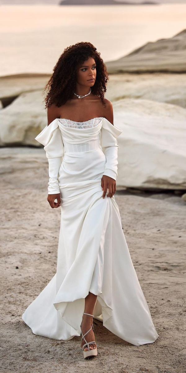 satin wedding dresses open shoulder gown with sleeves