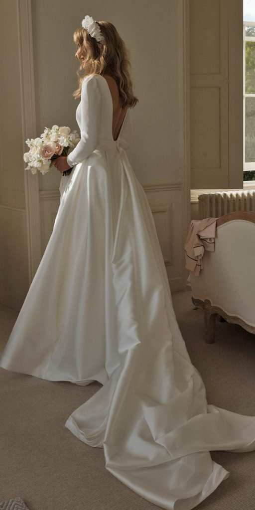 simple fantasy wedding dresses open back with long sleeves train sassiholford