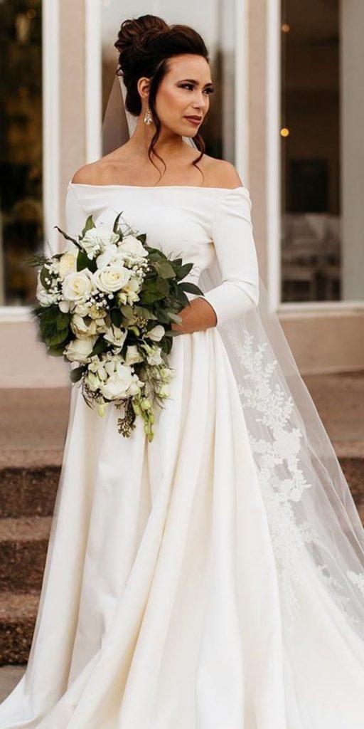 simple wedding dresses with sleeves a line off the shoulder liz osban