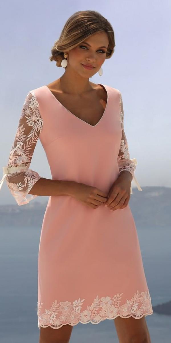 Summer Mother Of The Bride Dresses Short V Neckline With Three Quote Sleeves Pink Linearaffaelli 