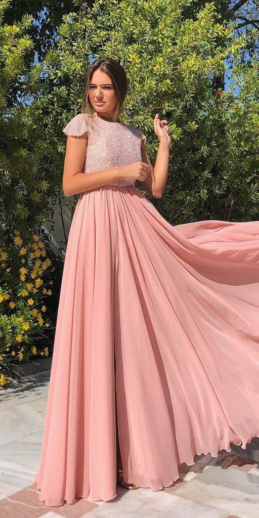 wedding guest dresses for spring a line with cap sleeves pink rocio sorno