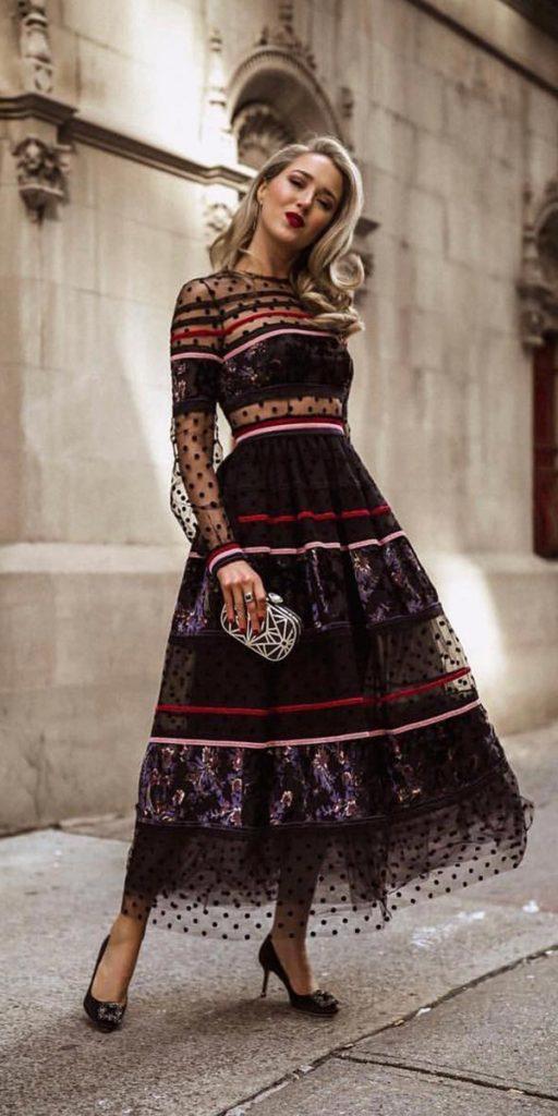 wedding guest dresses for spring classy tea length with illusion long sleeves black costarellos