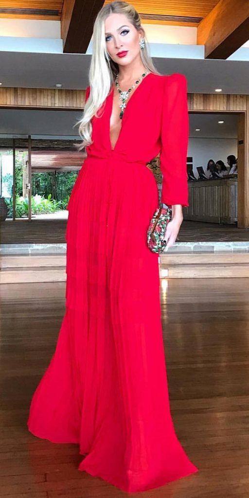 wedding guest dresses for spring red with long sleeves deep v neckline vestidosoficial