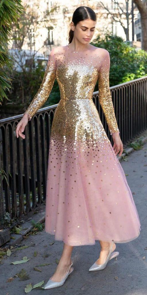 wedding guest dresses for spring tea length with long sleeves gold sequins reemacra