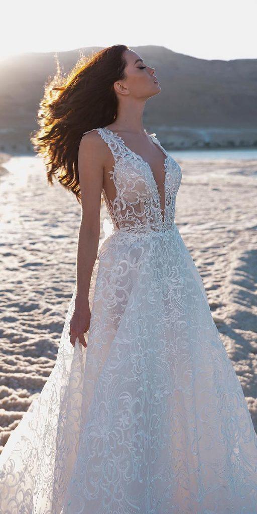 beach destination wedding dresses a line deep v neckline sleeveless lace pninatornai