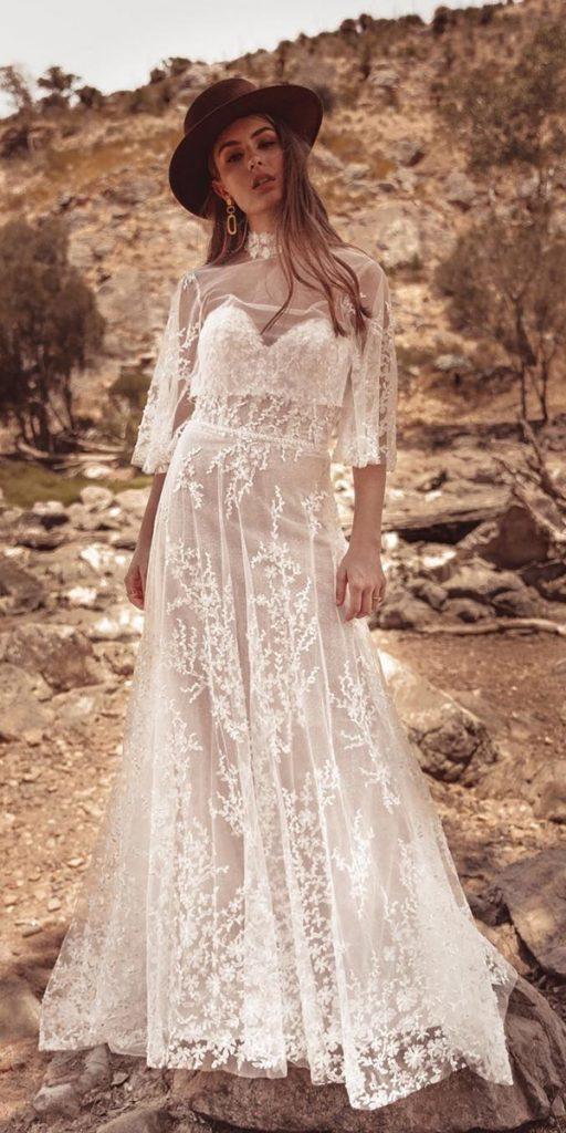  boho wedding dresses with sleeves a line flowly for rustic whiteaprilbridal