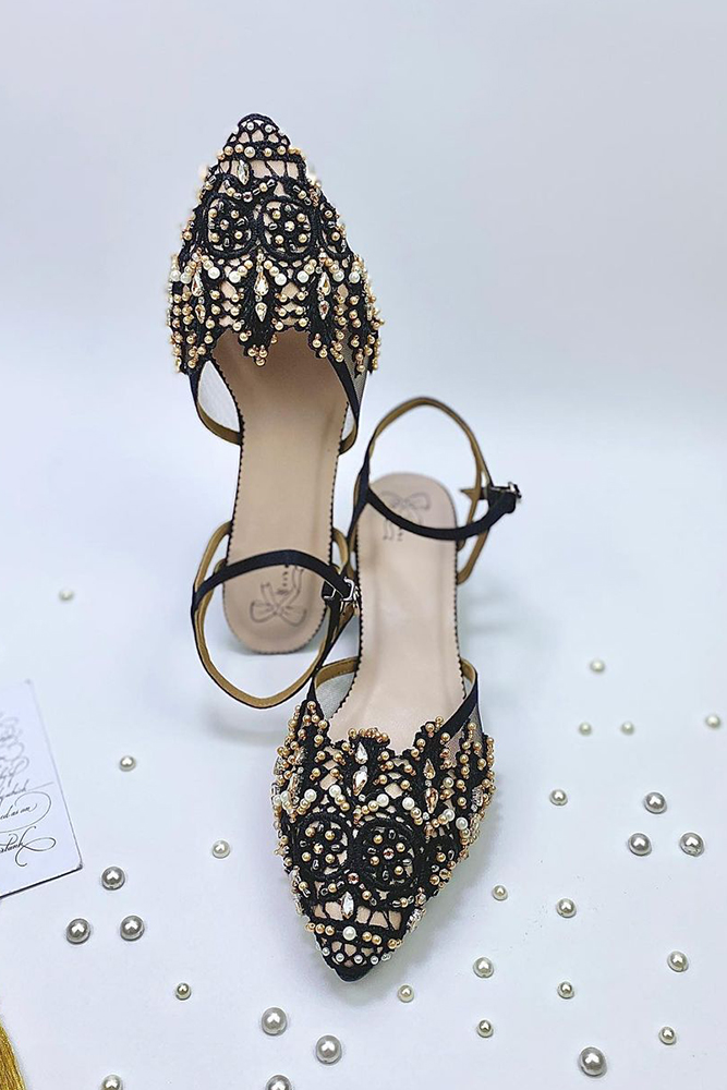 flat wedding shoes black with gold sparkle stones avedafootwear