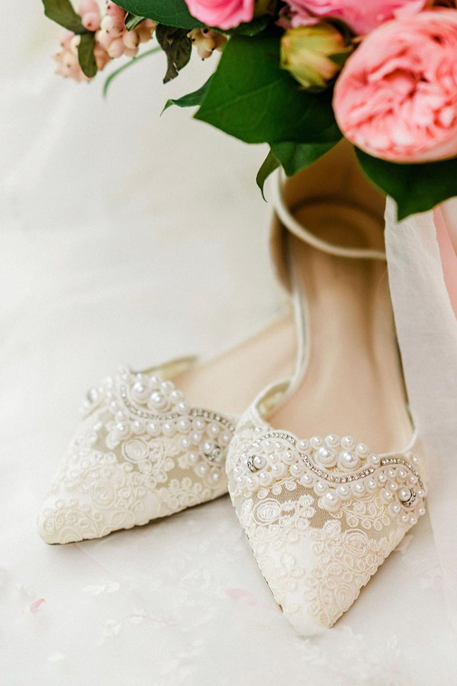 flat wedding shoes lace with pearls shop.kaileep