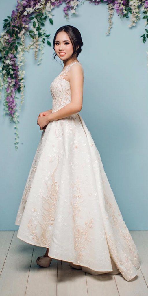  high low wedding dresses lace with vintage embellishment meltatan