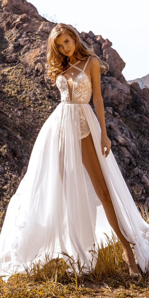 lace beach wedding dresses plunging neckline lace with overskirt crystaldesigncouture