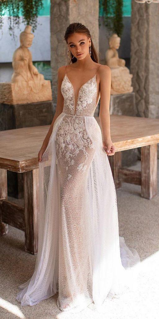 lace beach wedding dresses sheath with spaghetti straps with overskirt millanova