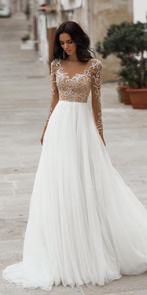  lace wedding dresses with sleeves a line illusion neckline navibluebridal