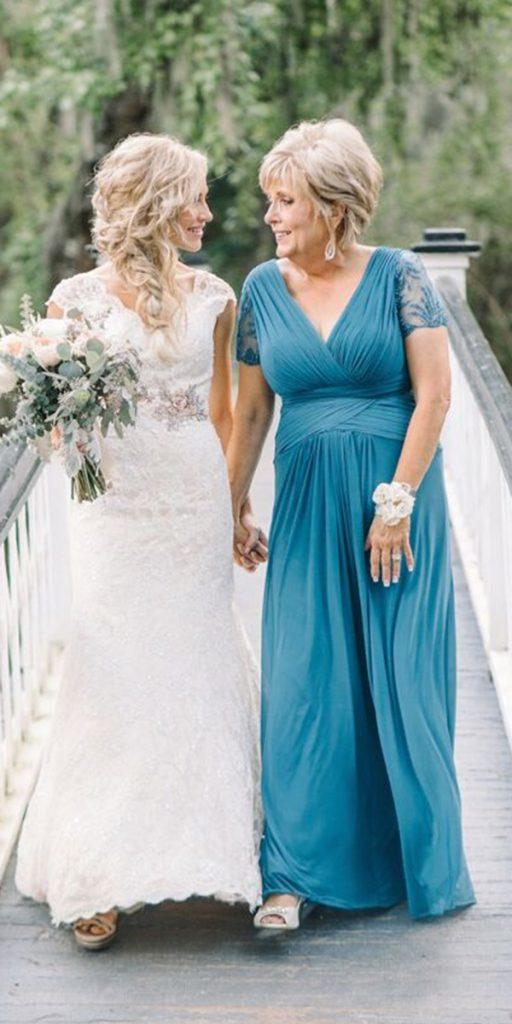 long mother of the bride dresses blue with cap sleeves plunging neckline aaron and jillian photo