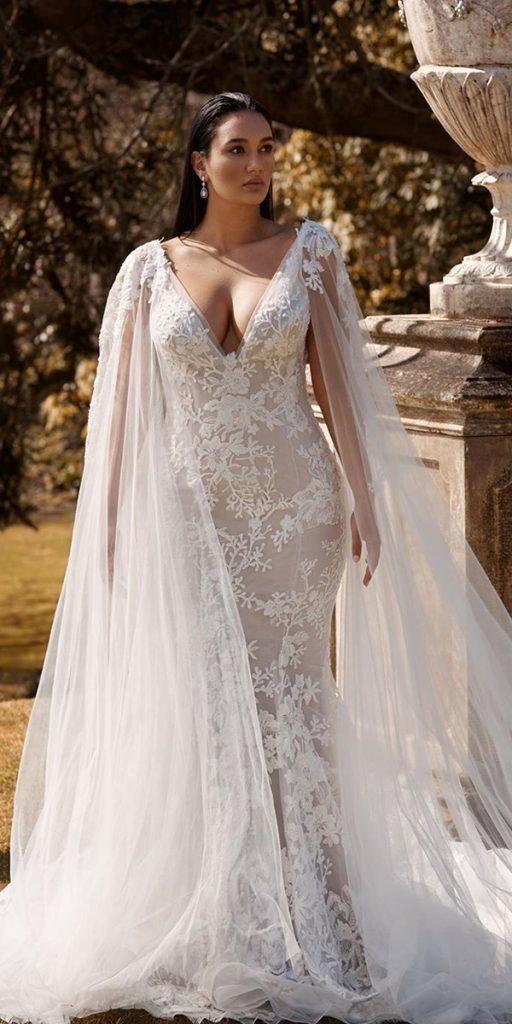  plus size wedding dresses mermaid with cape lace v neckline 'leahdagloria