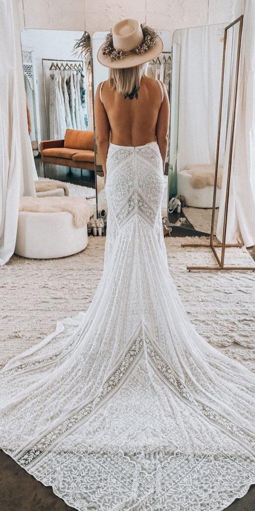 rustic lace wedding dresses boho backless with train ruedeseinebridal