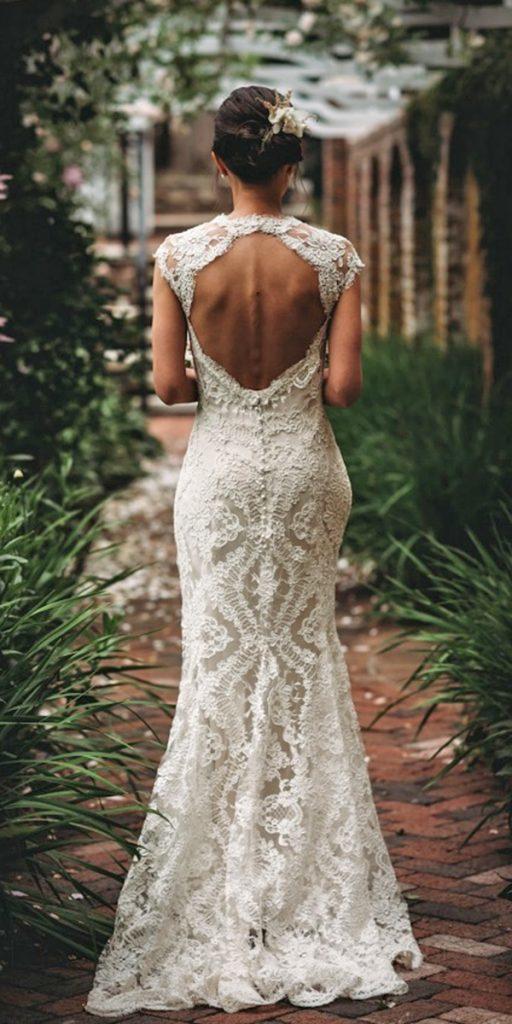 rustic lace wedding dresses sheath open back with cap sleeves alison margo photography