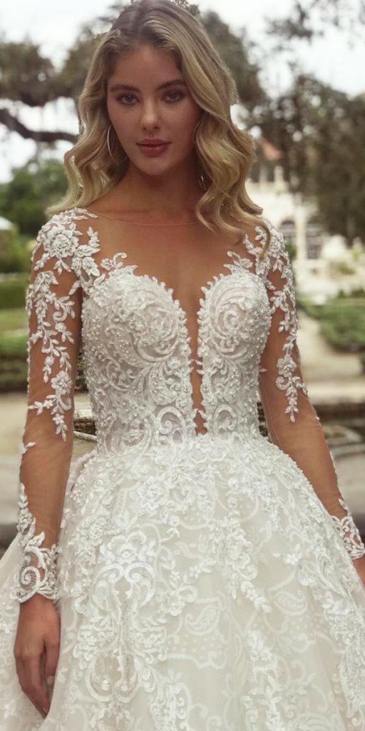 unique lace wedding dresses ball gown with long sleeves deep v neckline illusion neckline demetriosbride