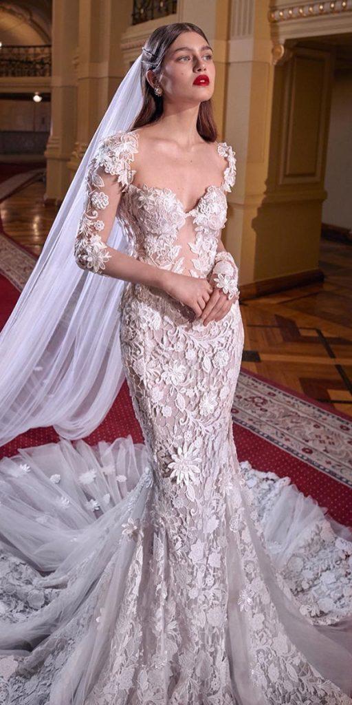 unique lace wedding dresses fit and flare with illusion long sleeves galialahav