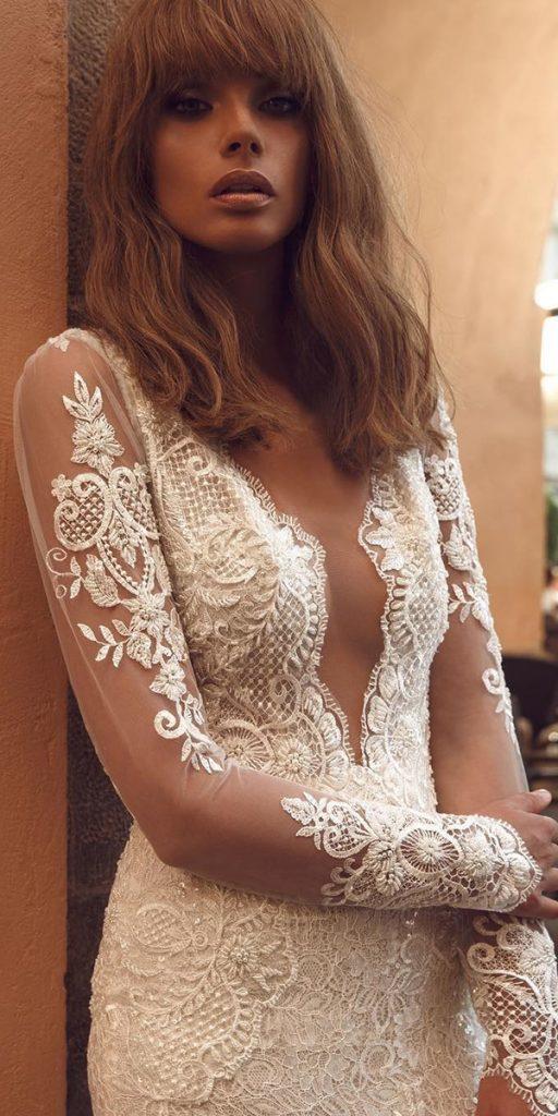 unique lace wedding dresses with illusion long sleeves deep v neckline birenzweig