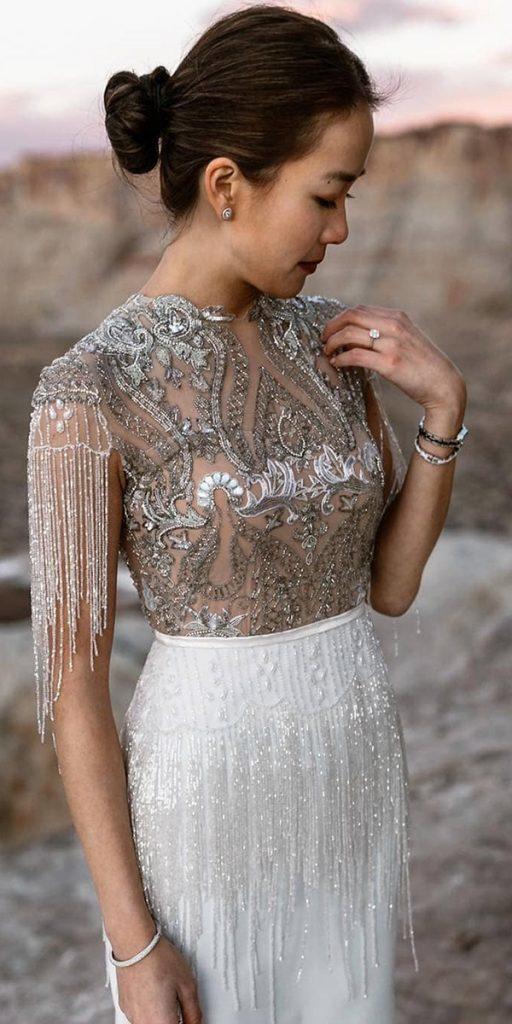  vintage wedding dresses sheath deaded lace with fringe drorgeva
