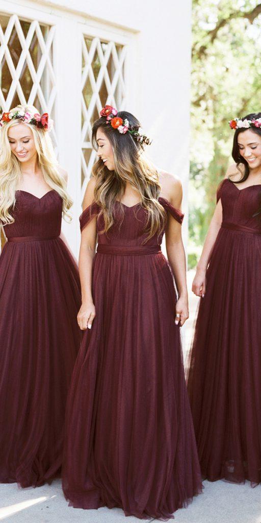 wedding party dresses long burgundy off the shoulder bridesmaids jenny yoo