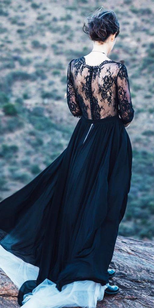 black wedding dresses a line with sleeves lace top with white cathytelle
