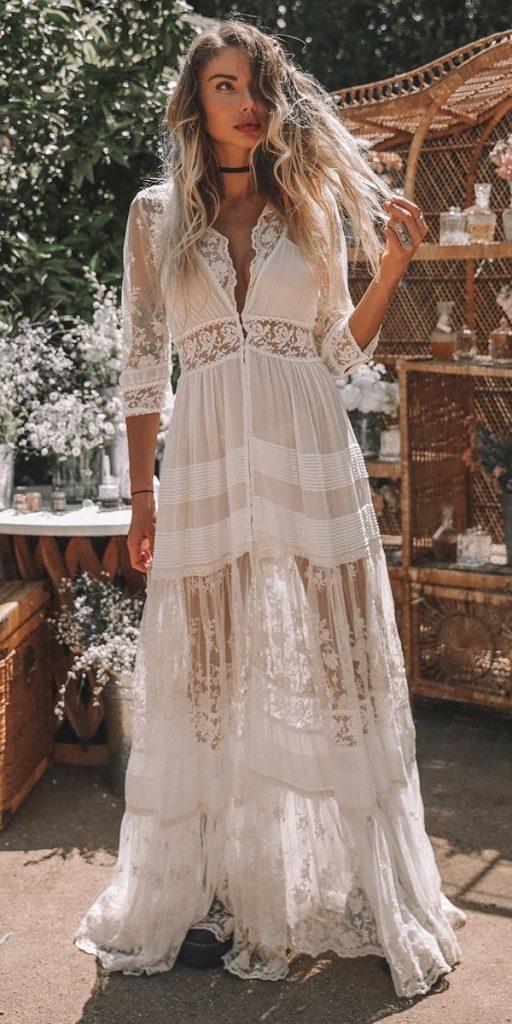  bohemian wedding dresses a line with sleeves lace for beach spell bride