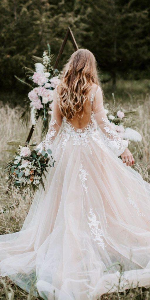  bohemian wedding dresses ball gown with long sleeves lace blush low back watters