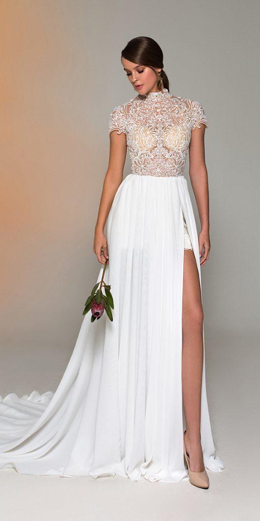 eva lendel wedding dresses a line with cap sleeves high neck with slit lace top 2019